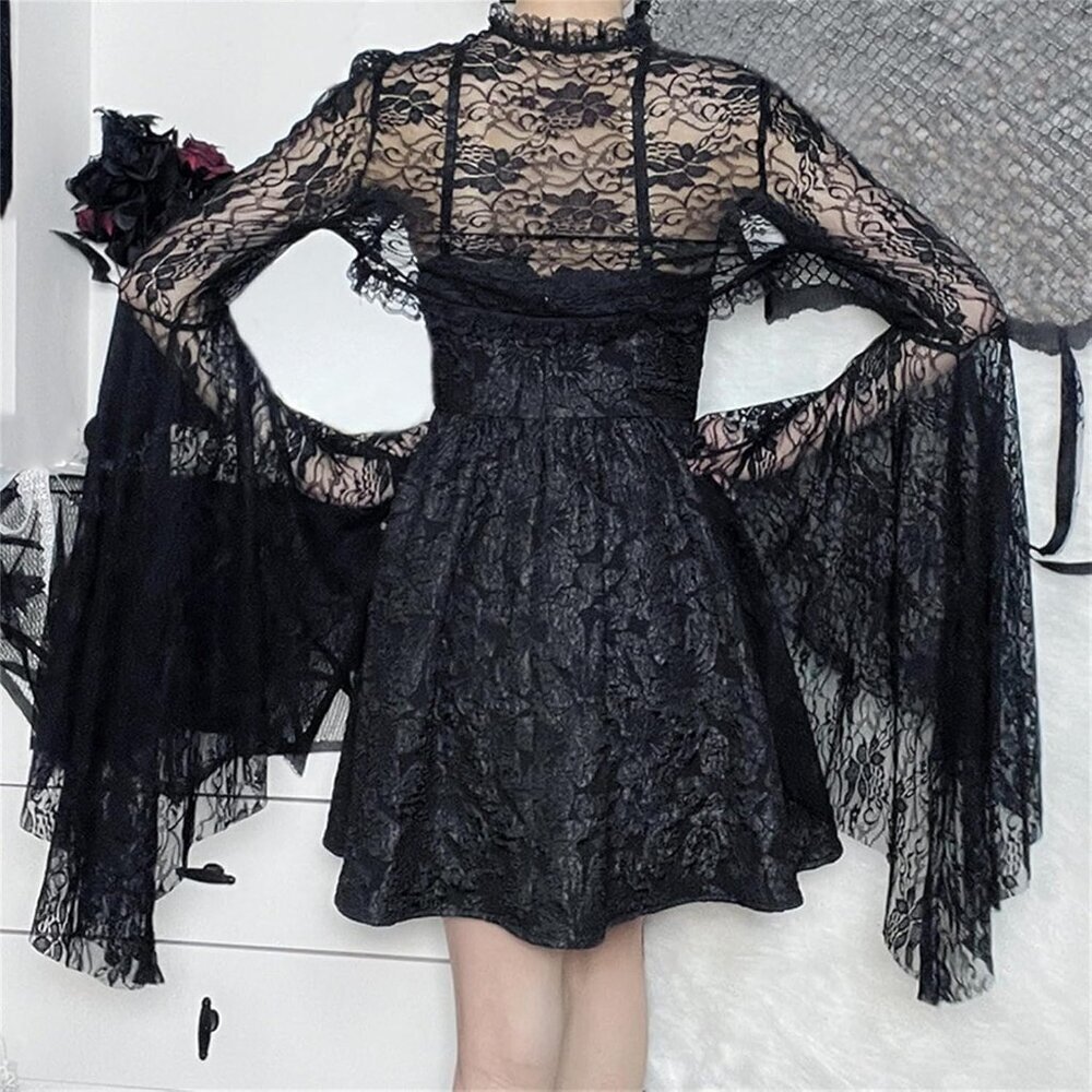 Women's Black 3 Goth Bell Long Sleeve Bolero Shrug Crop Top - Picture 4 of 7